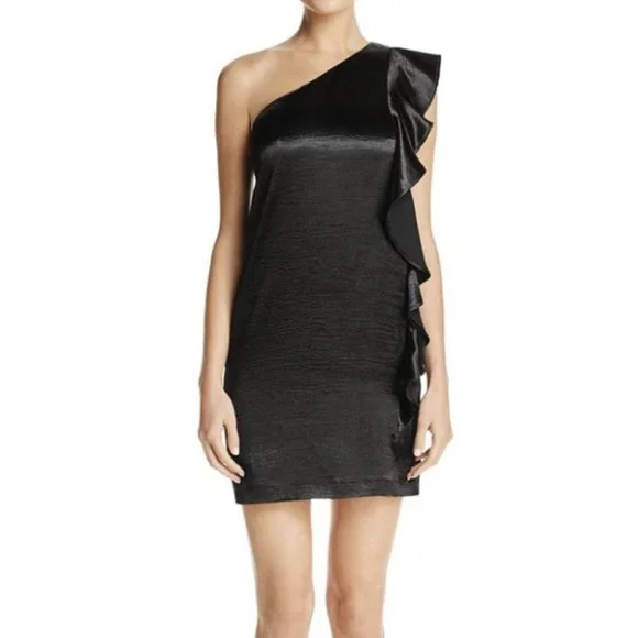 Aqua | Dresses | Aqua Black Satin Mini Holiday Party Dress One Shoulder  Ruffle Womens Small S | Poshmark